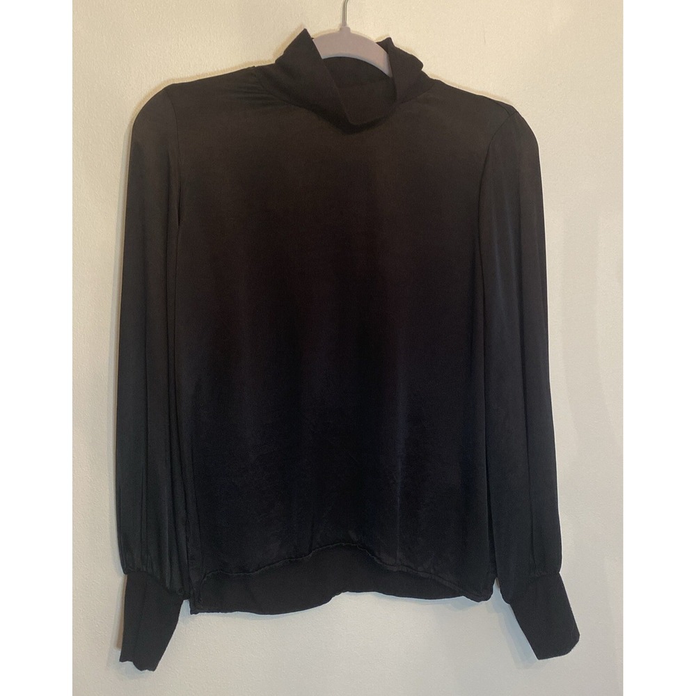 Nation Ltd Satin Mock Neck Top Black Small Keyhole Cut Out Back